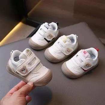 Весна и осень, новые детские туфли с мягкой подошвой для девочек, кроссовки на липучках с изображением мультяшного медведя для мальчиков 16 чёрный