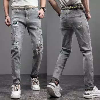 Весна и осень новые джинсы мужские вышитые прямые облегающие джинсы с кошачьей лапкой модный бренд черные ностальгические эластичные джинсы 28