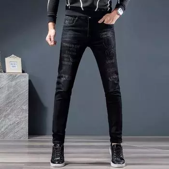 Весна и осень новые джинсы мужские вышитые прямые облегающие джинсы с кошачьей лапкой модный бренд черные ностальгические эластичные джинсы 28