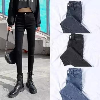 Весна и осень новые джинсы женские эластичные брюки показывают длину ноги высокая талия брюки девять минут брюки карандаш женские 26 чёрный