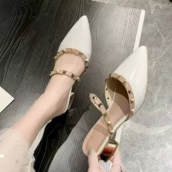 Весна и осень новые европейские туфли на высоком каблуке с заклепками квадратные с сексуальным острым носком модные женские туфли с мелким горлом 35