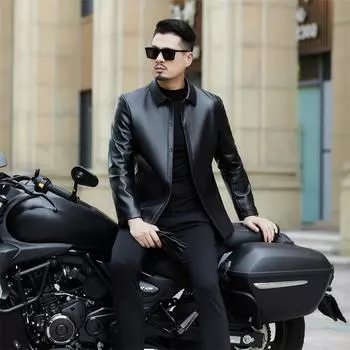Весна и осень Новые куртки из натуральной кожи Мужские кожаные куртки с узкими лацканами Куртки из овчины Одежда для пап M