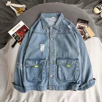 Весна и осень Новые модные брендовые рваные джинсовые куртки для мужчин в корейском стиле, свободные повседневные красивые универсальные куртки S