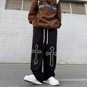 Весна и осень Новые модные повседневные брюки с принтом «Американский крест», прямые брюки с высокой талией, свободные узкие широкие брюки большого размера M чёрный