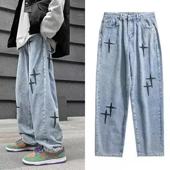 Весна и осень Новые модные свободные джинсы с вышитыми крестообразными нашивками в стиле хип-хоп, прямые повседневные брюки для мужчин, большой размер 2XL светло-синий