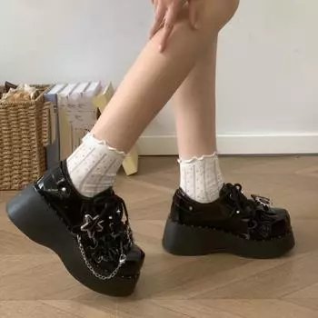 Весна и осень Новые модные туфли с круглым носком, толстой танкеткой и подошвой, увеличивающей рост, удобные повседневные туфли Мэри Джейн с бантом на платформе 35