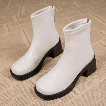 Весна и осень новые модные женские ботильоны с круглым носком на молнии сзади на толстой подошве женские кожаные ботинки на платформе 35