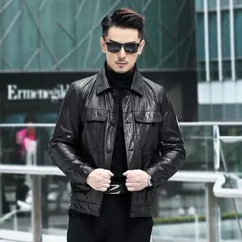 Весна и осень Новые мужские куртки из натуральной кожи Мужские куртки из промасленной вощеной коровьей кожи Мужские мотоциклетные куртки с лацканами в корейском стиле L