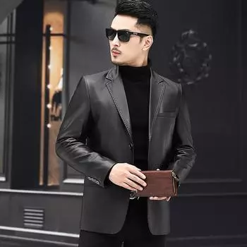 Весна и осень Новые мужские куртки из натуральной кожи Мужские костюмы из овчины Одинарные кожаные куртки Универсальные деловые повседневные кожаные куртки Однотонные 165