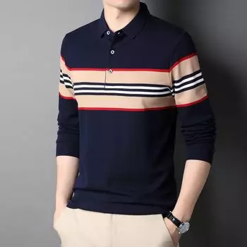 Весна и осень Новые мужские полосатые футболки, модные повседневные футболки с лацканами, мужские рубашки поло с длинными рукавами для пап среднего возраста в тренде M