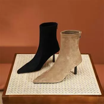 Весна и осень Новые остроносые тонкие модные короткие сапоги замшевые эластичные женские сапоги ретро элегантные тонкие модные сапоги 35