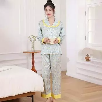 Весна и осень, новые пижамы из ледяного шелка, женские, высококачественные, тонкие, искусственный шелк, с длинными рукавами, с принтом, домашняя одежда, костюм с лацканами M