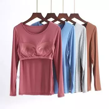 Весна и осень, новые пижамы с длинными рукавами и накладкой на груди, бюстгальтер для домашнего обслуживания, встроенная осенняя домашняя базовая внутренняя одежда для женщин M