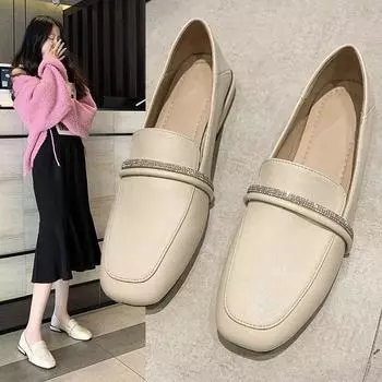 Весна и осень Новые плоские низкие каблуки со стразами Модные женские туфли-одиночки Модные профессиональные рабочие женские туфли-одиночки 35 бежевый