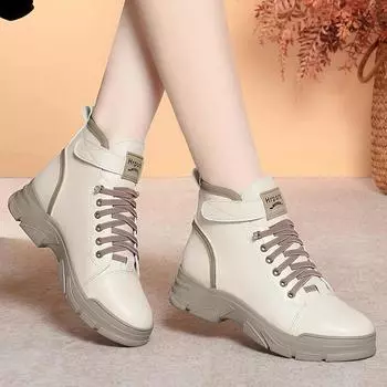 Весна и осень Новые повседневные туфли Женские ботинки на шнуровке Белые туфли Толстая подошва Плюс Мягкая бархатная подошва Мягкая поверхность Женские хлопковые ботинки 35