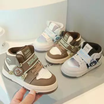 Весна и осень Новые повседневные высокие кроссовки для мальчиков и девочек Легкая детская спортивная обувь с мягкой подошвой 21 коричневый