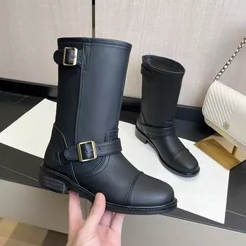 Весна и осень Новые сапоги с пряжкой на ремне, сапоги с пряжкой средней высоты, с круглым носком, винтажные широкие короткие сапоги для женщин 35 чёрный