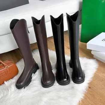 Весна и осень Новые сапоги с V-образным вырезом, круглые сапоги на толстом каблуке, женские сапоги в стиле ретро на небольшой платформе, увеличивающие рост 35 чёрный