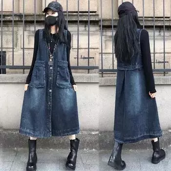 Весна и осень Новые старые трехмерные большие карманы узкие повседневные джинсы выше колена средний и длинный жилет жилет юбка для женщин M 90-60 kg синий