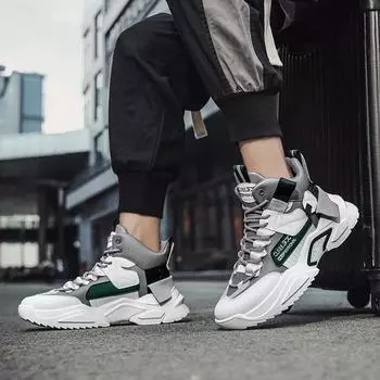 Весна и осень, новые старые туфли с высоким берцем, спортивная обувь на толстой подошве, модная повседневная обувь, кроссовки для бега, мужская обувь 39 белый/зелёный