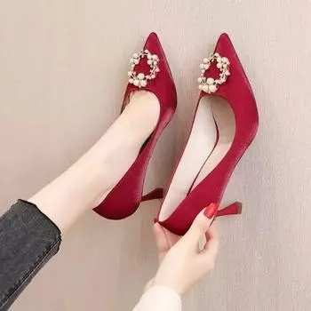 Весна и осень, новые свадебные туфли для подружек невесты, туфли с острыми носами и жемчугом, с бриллиантами, на тонком каблуке, 35–40 35