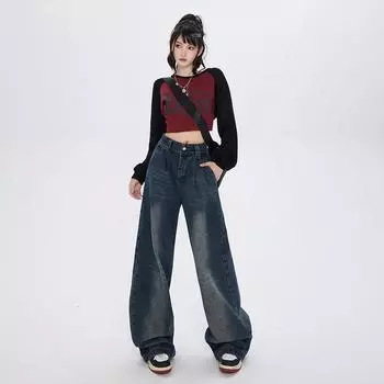 Весна и осень новые свободные выстиранные водонепроницаемые брюки с заниженной талией универсальные ретро широкие джинсы для женщин XS