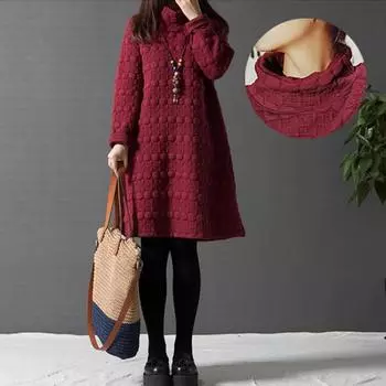 Весна и осень, новые свободные женские платья больших размеров с высоким воротом, утепленные хлопковые платья с длинными рукавами и утолщенной подошвой L чёрный