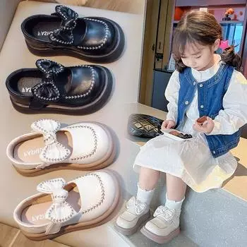 Весна и осень Новые туфли принцессы для девочек Удобные туфли из мягкой кожи с бантом для девочек 23 чёрный