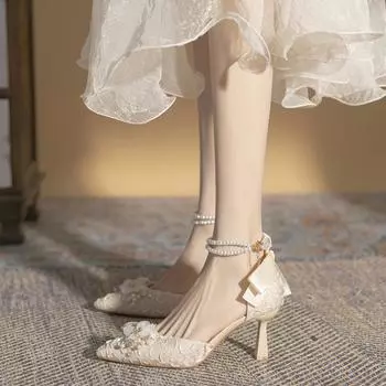 Весна и осень новые туфли с бантом на высоком каблуке темпераментные туфли с жемчужной цепочкой и острым носком принцессы детские универсальные туфли для женщин 34 абрикосовый