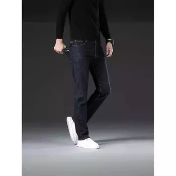 Весна и осень новые высококачественные плюшевые джинсы для мужчин прямые облегающие эластичные толстые повседневные брюки осенние и зимние мужские брюки 29 чёрный