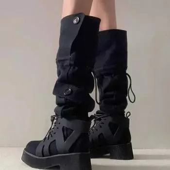 Весна и осень Новые высококачественные женские альпинистские ботинки с завязками на шнурках, пикантные и сексуальные ковбойские сапоги в стиле вестерн с толстым дном 35 чёрный