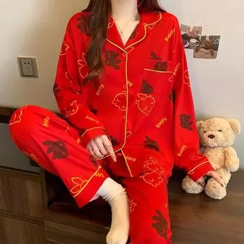 Весна и осень, новые женские красные пижамы, комплект домашней одежды, подростковая пижама с длинным рукавом, праздничный комплект домашней одежды для молодоженов M
