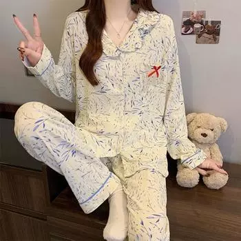 Весна и осень, новые женские пижамы, домашняя одежда, комплект для девочек, студенток, пижамы с длинными рукавами, тонкие брюки, домашняя одежда, костюм из двух частей M розовый