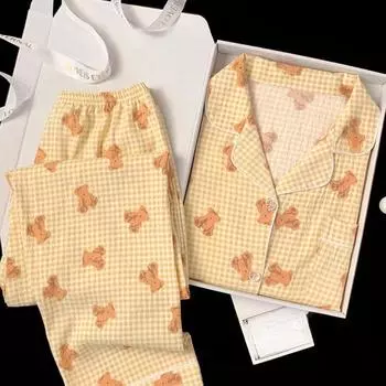 Весна и осень, новые женские пижамы, домашняя одежда, костюм, клетчатая пижама с изображением медведя и облаков, хлопковая женская простая домашняя одежда с длинными рукавами M