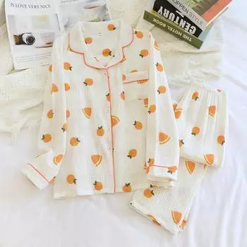 Весна и осень Новые женские пижамы из чистого хлопкового крепа с длинными рукавами и длинными брюками большого размера, свободный комплект домашней одежды, лето M белый