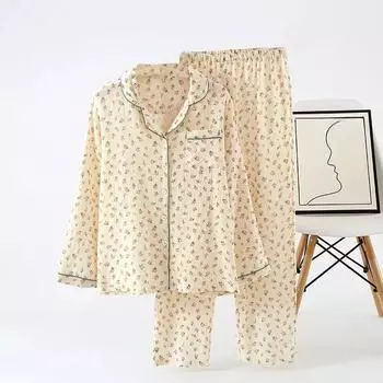 Весна и осень, новые женские пижамы с длинными рукавами и длинными штанами, комплект из двух предметов из 100% хлопка, женский креповый комплект для дома M