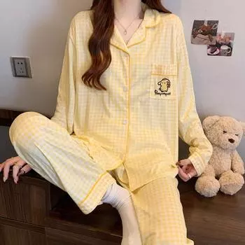 Весна и осень, новые женские пижамы в японском стиле, домашний комплект для девочек с длинными рукавами, симпатичная клетчатая домашняя одежда из двух предметов M