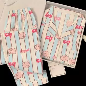 Весна и осень новые женские полиамидные пижамы Ba Piggy домашняя одежда костюм для девочек облачный хлопок с длинными рукавами милая женская домашняя одежда M