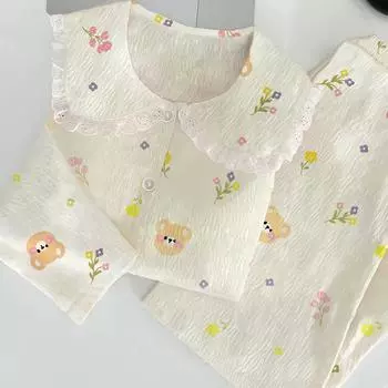 Весна и осень Новые женские простые ветровые облака хлопковые пижамы домашний комплект для девочек-студентов симпатичные свободные пижамы домашний комплект M