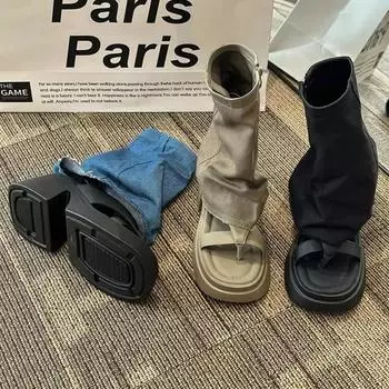 Весна и осень Новые женские сапоги с открытым носком 2024 года Модные уличные креативные женские короткие сапоги Корейский дизайн Женские сандалии 35 чёрный