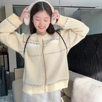 Весна и осень Новые женские свитера Кардиганы Вязаные куртки Стильные топы Трендовая верхняя одежда one sie бежевый