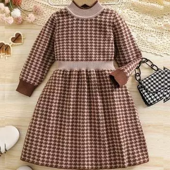 Весна и осень, новый элегантный клетчатый свитер с длинными рукавами и круглым вырезом для девочек, трикотажное платье 90cm темно-коричневого
