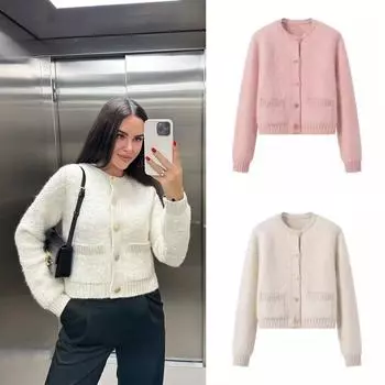 Весна и осень Новый элегантный женский кардиган с круглым вырезом и длинными рукавами, вязаный свитер с металлическими пуговицами, женский повседневный укороченный топ S белый