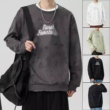 Весна и осень, новый большой размер, тяжелый принт, модная круглая толстовка для мужчин, корейский стиль, повседневная, простая, трендовая, длинные рукава M