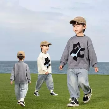 Весна и осень Новый детский трехмерный свитер с котом Милый трикотаж 90cm бежевый