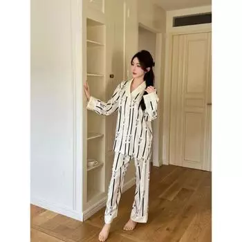 Весна и осень Новый елочка Ice and Snow Шелковые брюки с длинными рукавами Пижамный комплект M
