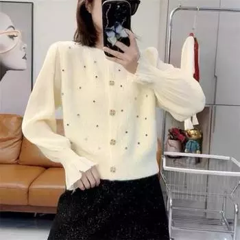 Весна и осень Новый кардиган с рукавами из пряжи и круглым вырезом Корейский свитер с мягким ветром Тяжелая промышленная вязаная бисером женская верхняя часть one size fits all красный