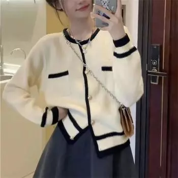 Весна и осень Новый колледж стиль круглый вырез длинный рукав контрастный цвет вязаный свитер женский дизайн Sense мода маленький ароматный свитер one size fits all