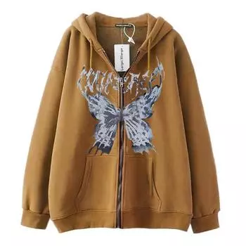 Весна и осень новый модный принтованный капюшон большой размер свитер пара свободный повседневный уличный спортивный кардиган куртка Y2k большой размер M коричневый