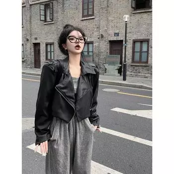 Весна и осень новый модный темперамент черный пиджак с лацканами высокая талия молния короткая куртка из искусственной кожи женская S within 47.5 kg